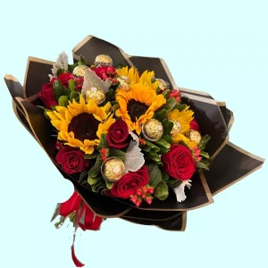 Dulce Amor ramo de rosas rojas girasoles y chocolates