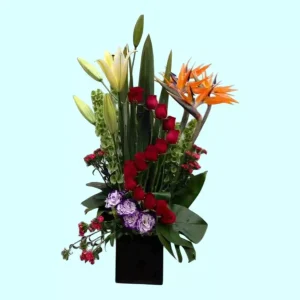 Arreglo con rosas rojas lilis y aves del paraíso para recuperación