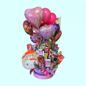 Caja sorpresa con flores dulces peluche y globos
