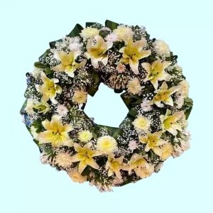 Corona de flores para funeral de 1 metro con lilis y crisantemos