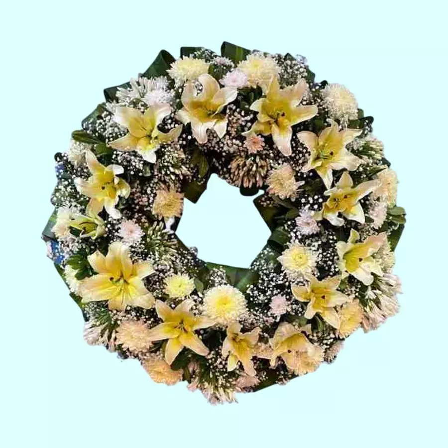 Corona de flores para funeral de 1 metro con lilis y crisantemos
