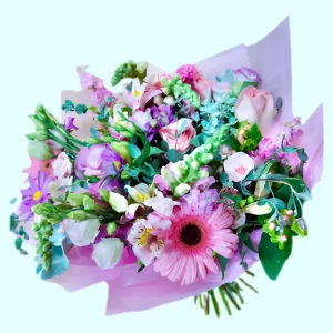 Abrazo al Alma ramo de rosas gerberas y lisianthus en tonos rosas y lilas